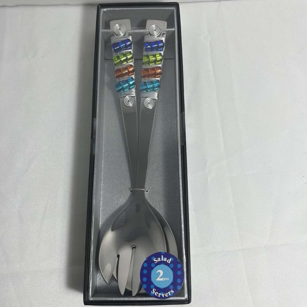 Wild Eye Designs 2‎ Piece Salad Server Set Colorful Wire Spiral Glass Beads NIB